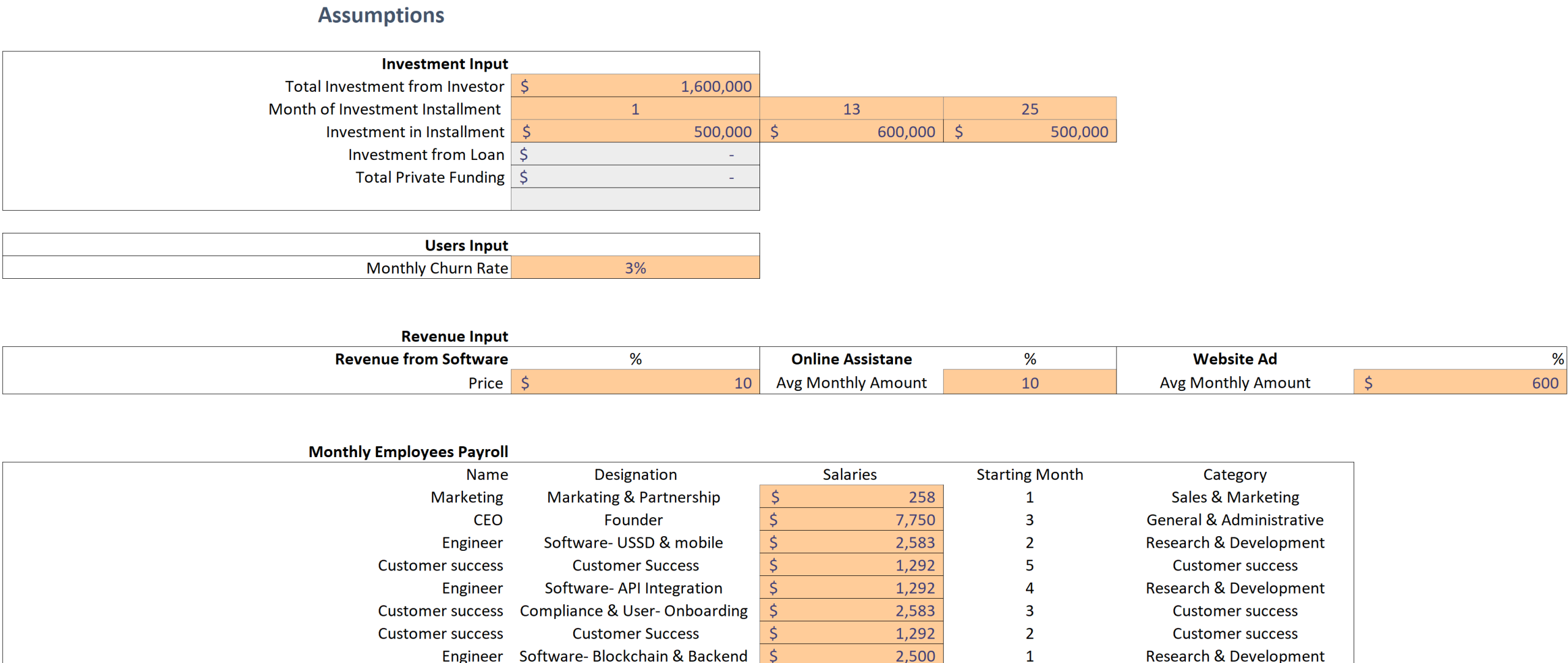 Appointment Booking Software Excel Financial Model-Input Sheet