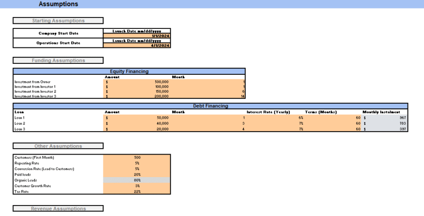 Excel Financial Model Template - Input Sheet