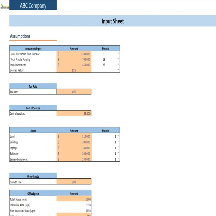 Co-Working Business Excel Financial Model-Input Sheet
