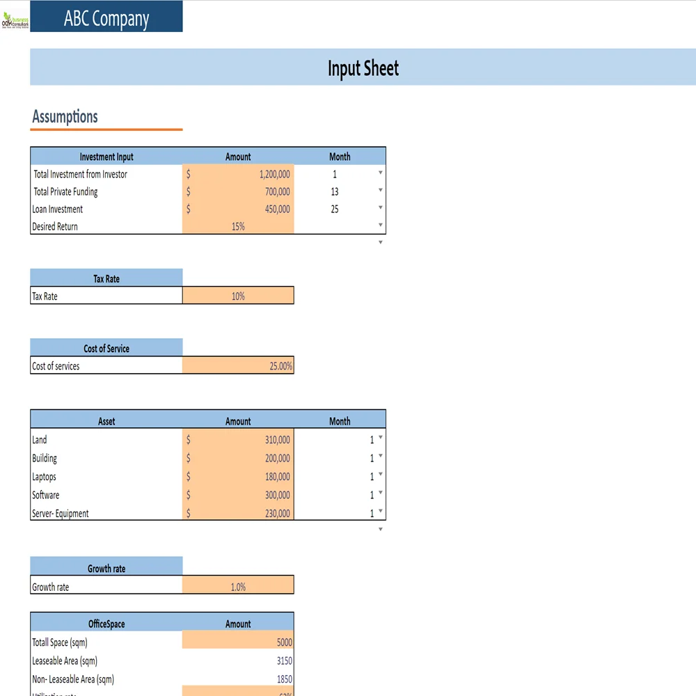 Co-Working Business Excel Financial Model-Input Sheet