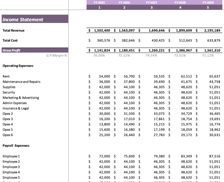 Salon Booth Rental Excel Financial Model - Income Statement