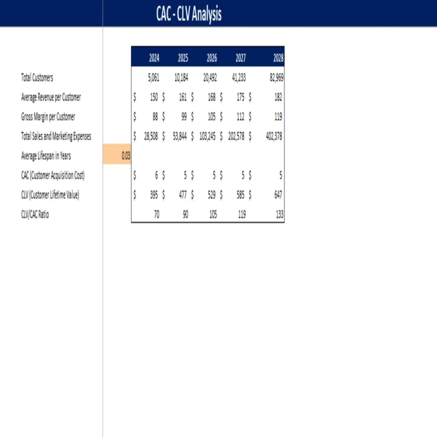 Dropshipping Excel Financial Model - CAC CLV Analysis