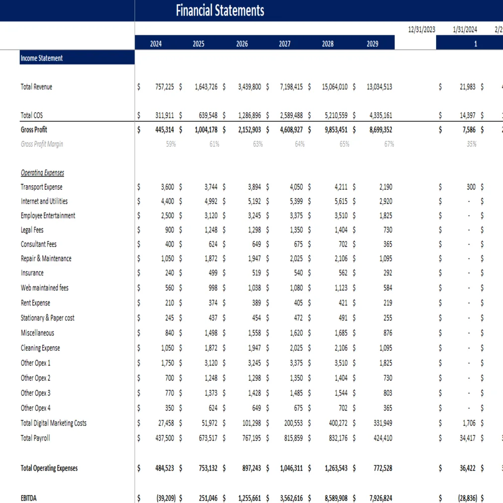 Dropshipping Excel Financial Model - Income Statement
