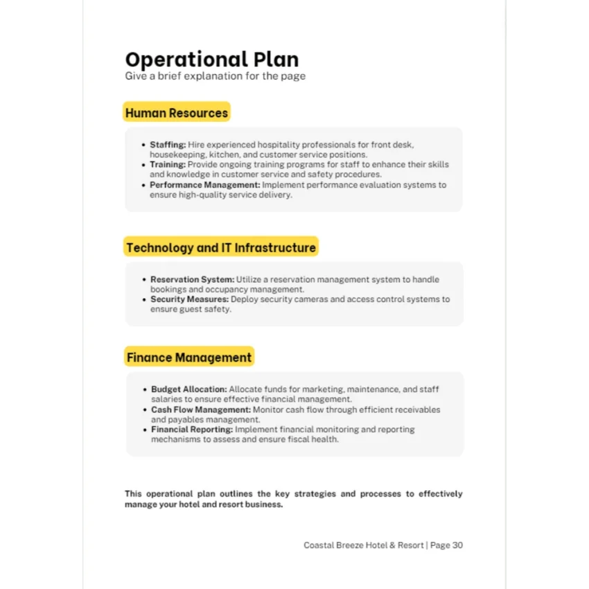 Hotel and resort business plan - Operational Plan