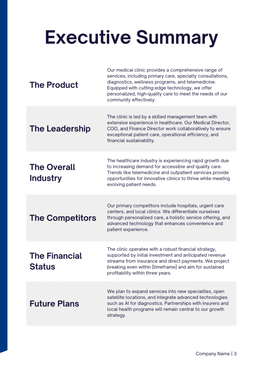 Medical Clinic Business Plan Template - Executive Summary