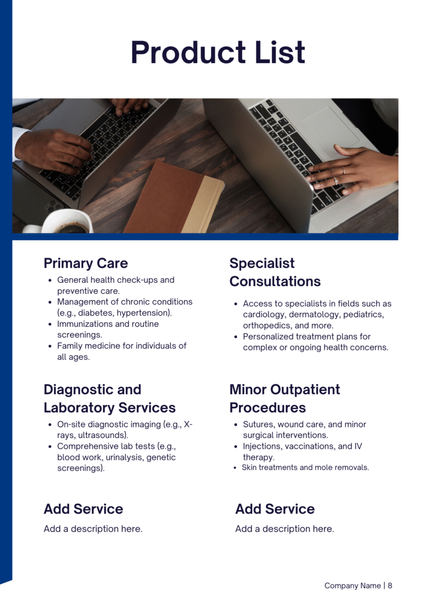 Medical Clinic Business Plan Template - Product List