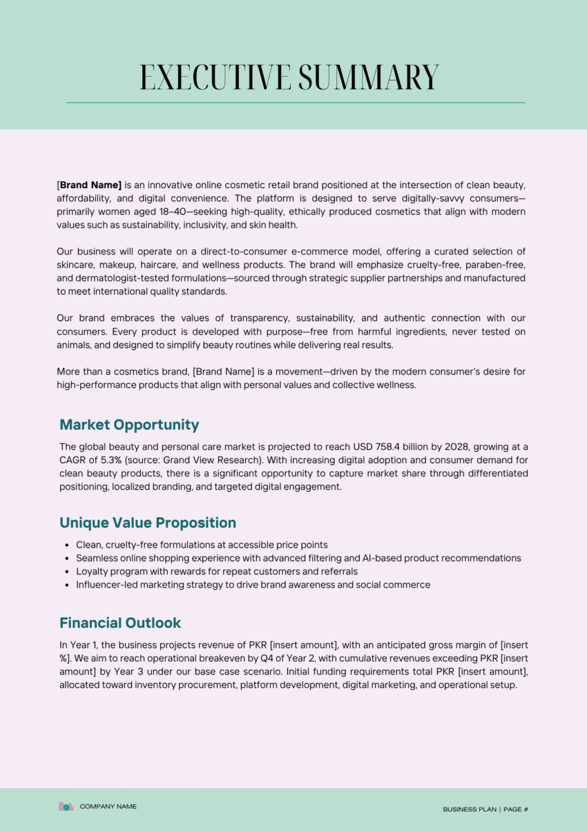 Online Cosmetic Store Business Plan Template - Executive Summary