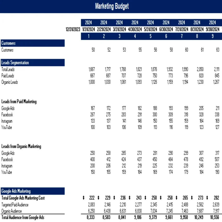 Law Firm Excel Financial Model Projection Template - Website Marketing Expenditure