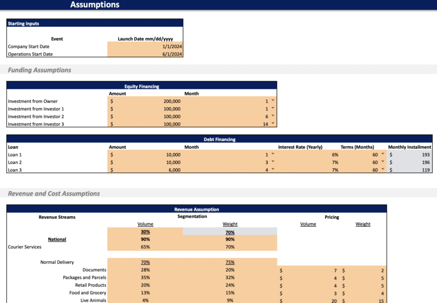 Courier Service Excel Financial model - Input Sheet