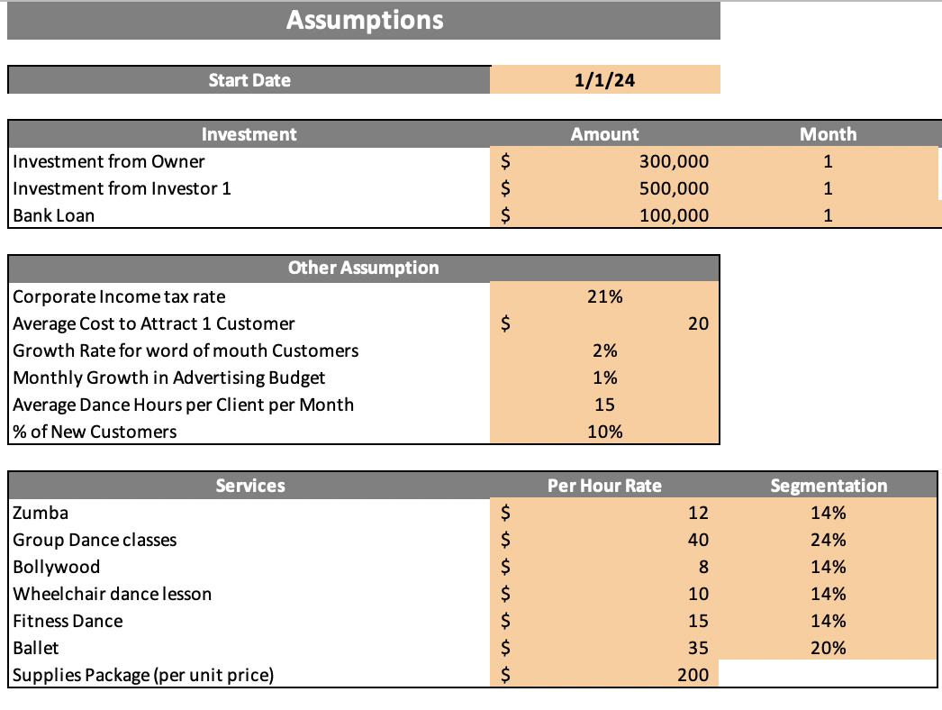 Dance Studio Excel Financial Model - Input Sheet