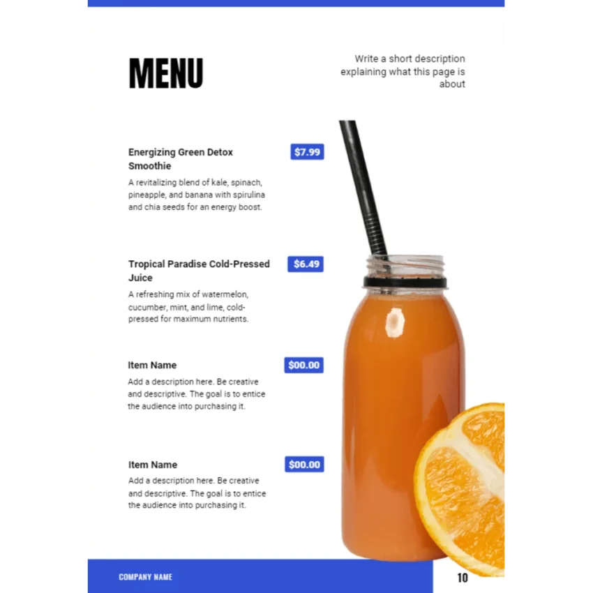 Juice Bar Business Plan - Menu