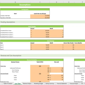 Music School Excel Financial Model - Input Sheet