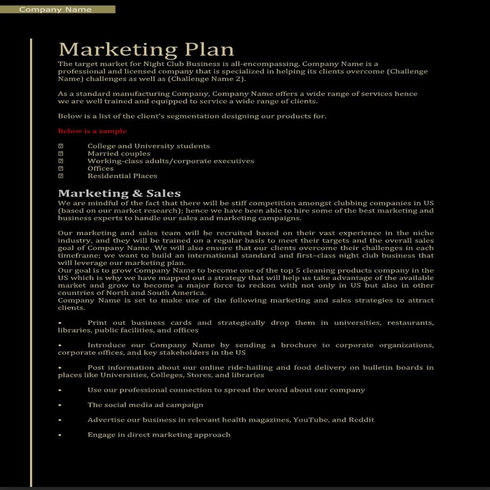 Night Club Business Plan-Marketing Plan
