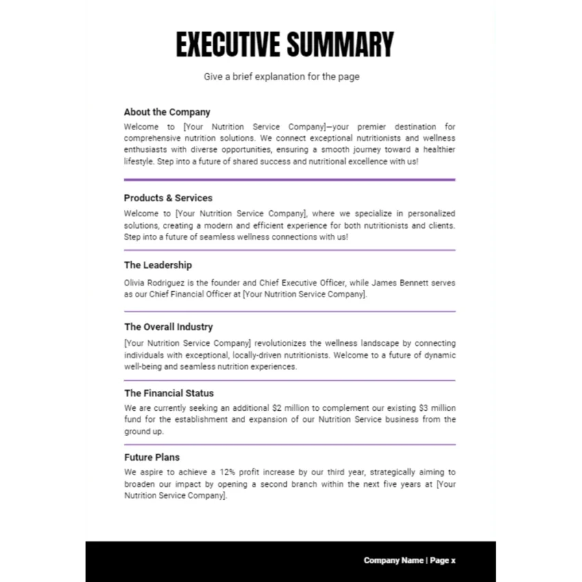 Nutrition Service Business Plan - Executive Summary