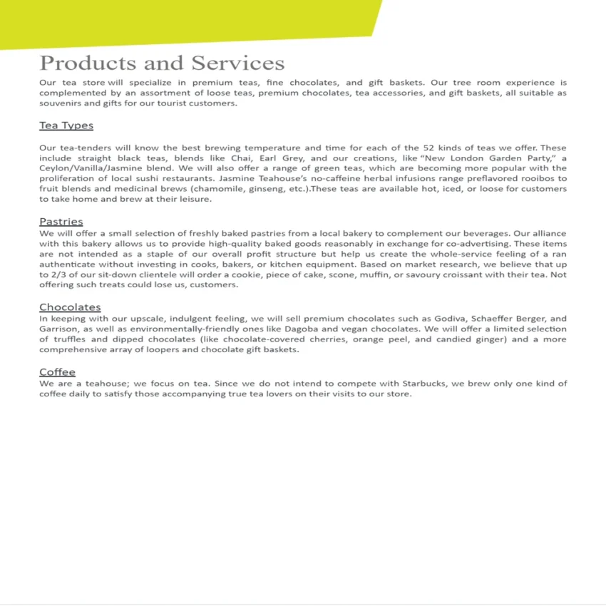 TeaRoom Business Plan Template-Product and Services
