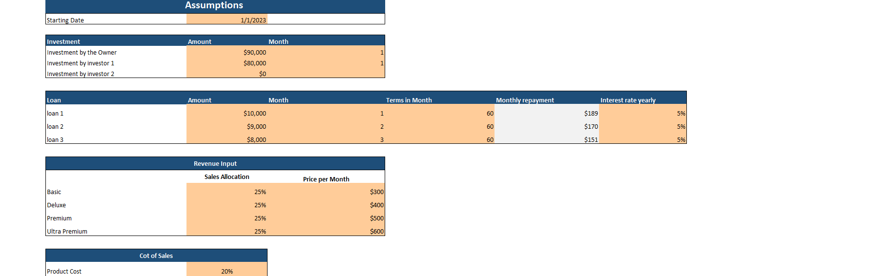 Beauty Subscription Box Excel Financial Model-Input