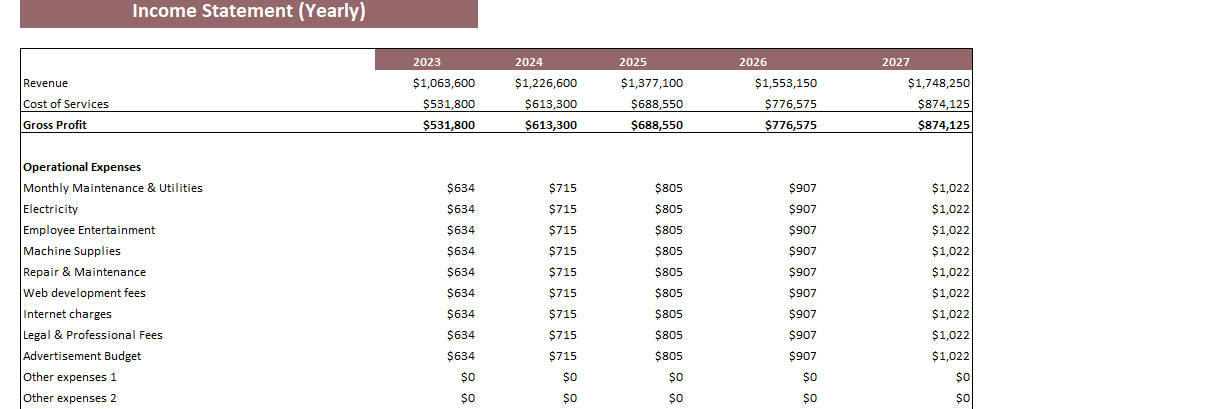 Dermatology Center Excel Financial Model Template-Income Statement (Yearly)