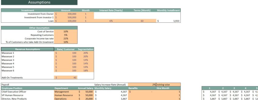 Massage Salon Excel Financial Model- Input Sheet