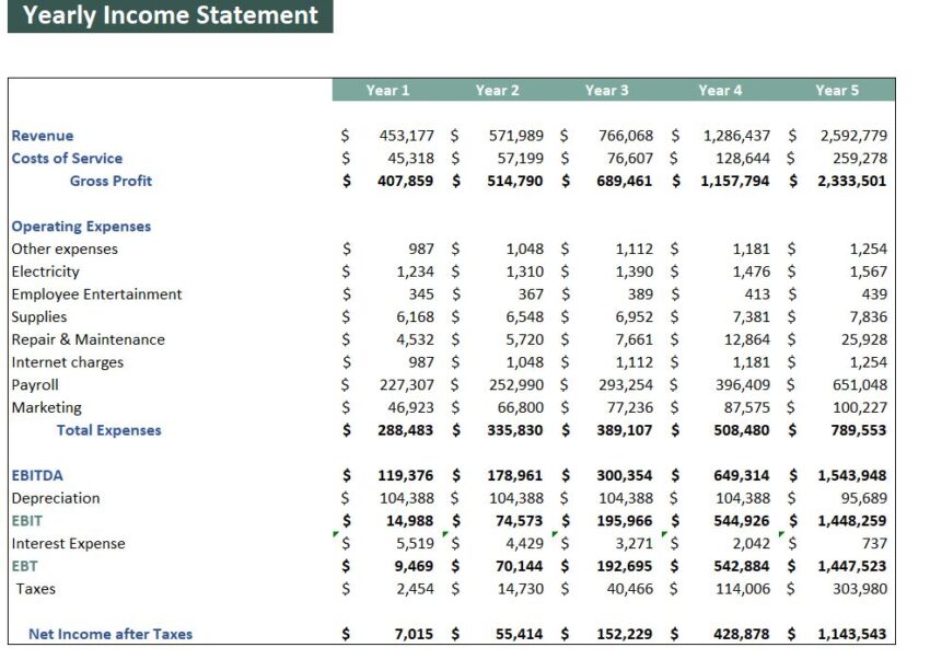 Massage Salon Excel Financial Model- Yearly P&L