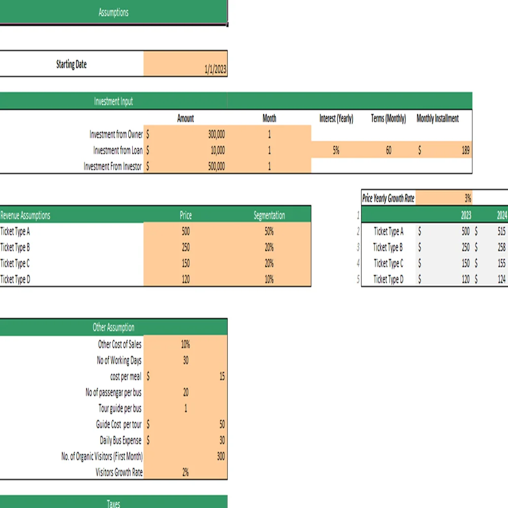 Sightseeing Bus Excel Financial Model- Assumptions