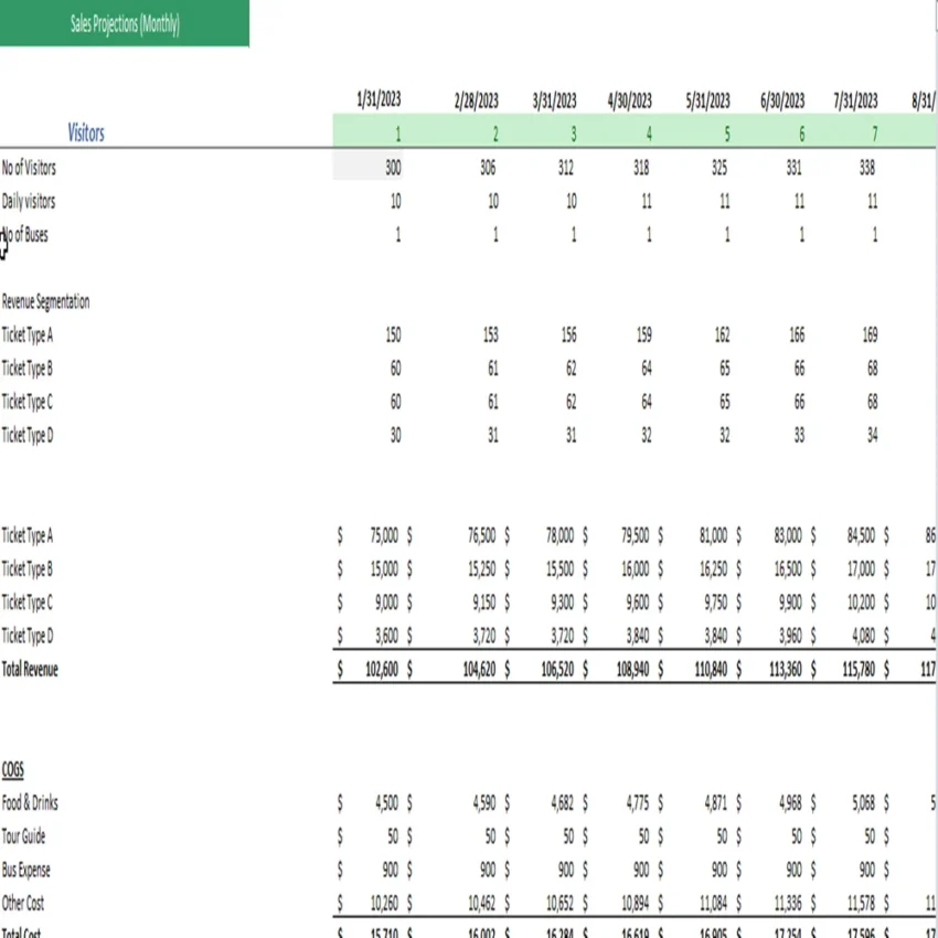 SIghtseeing Bus Excel Financial Model-Revenue Analysis
