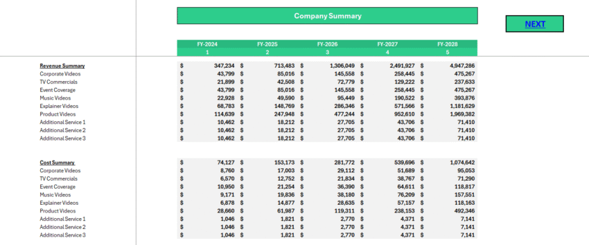 Video Agency Financial Model - Company Summary