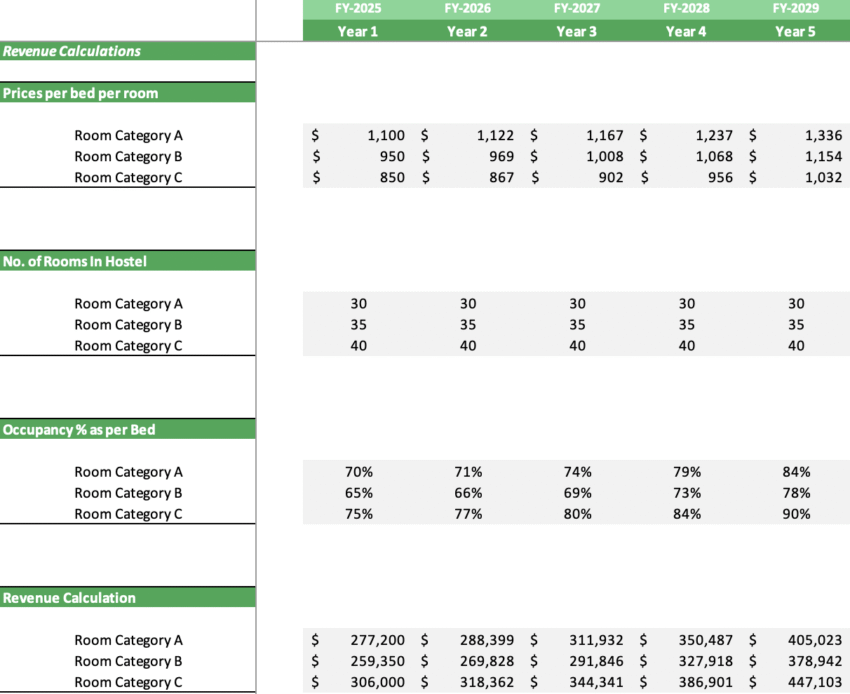 Hostel Excel Financial Model - Revenue Analysis