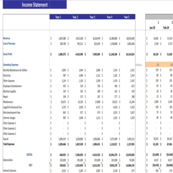 Tennis Club Excel Financial Model - Income Statement