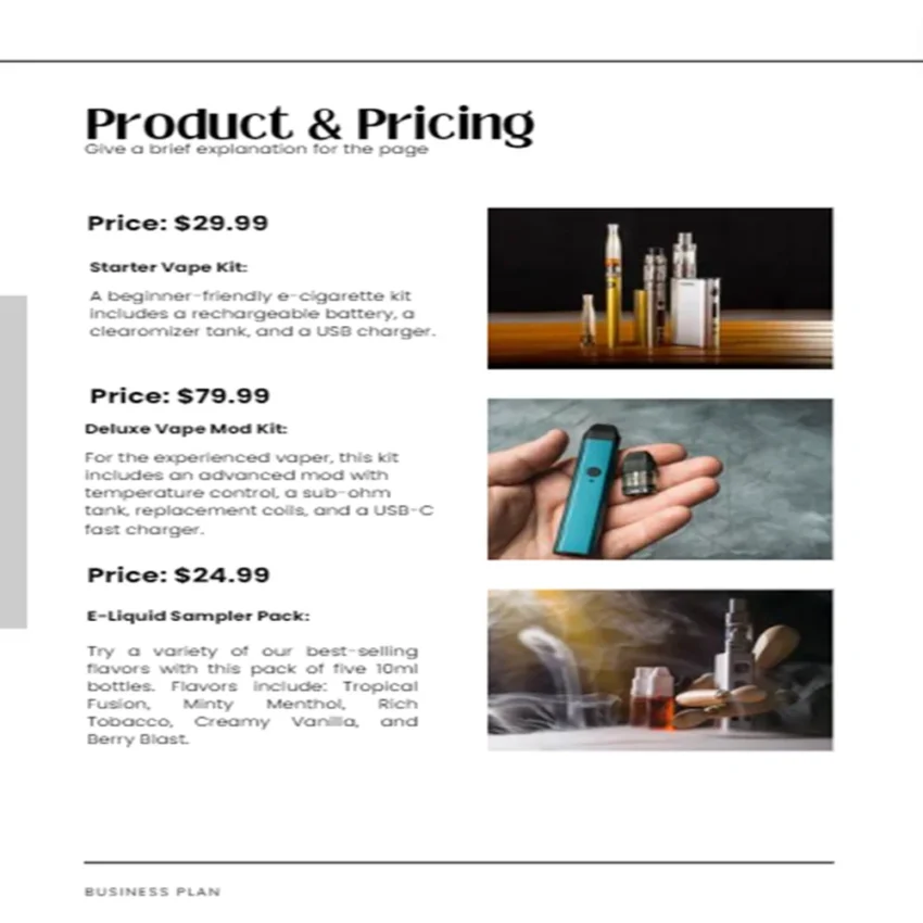 Vape Shop Business Plan Template - Product Pricing
