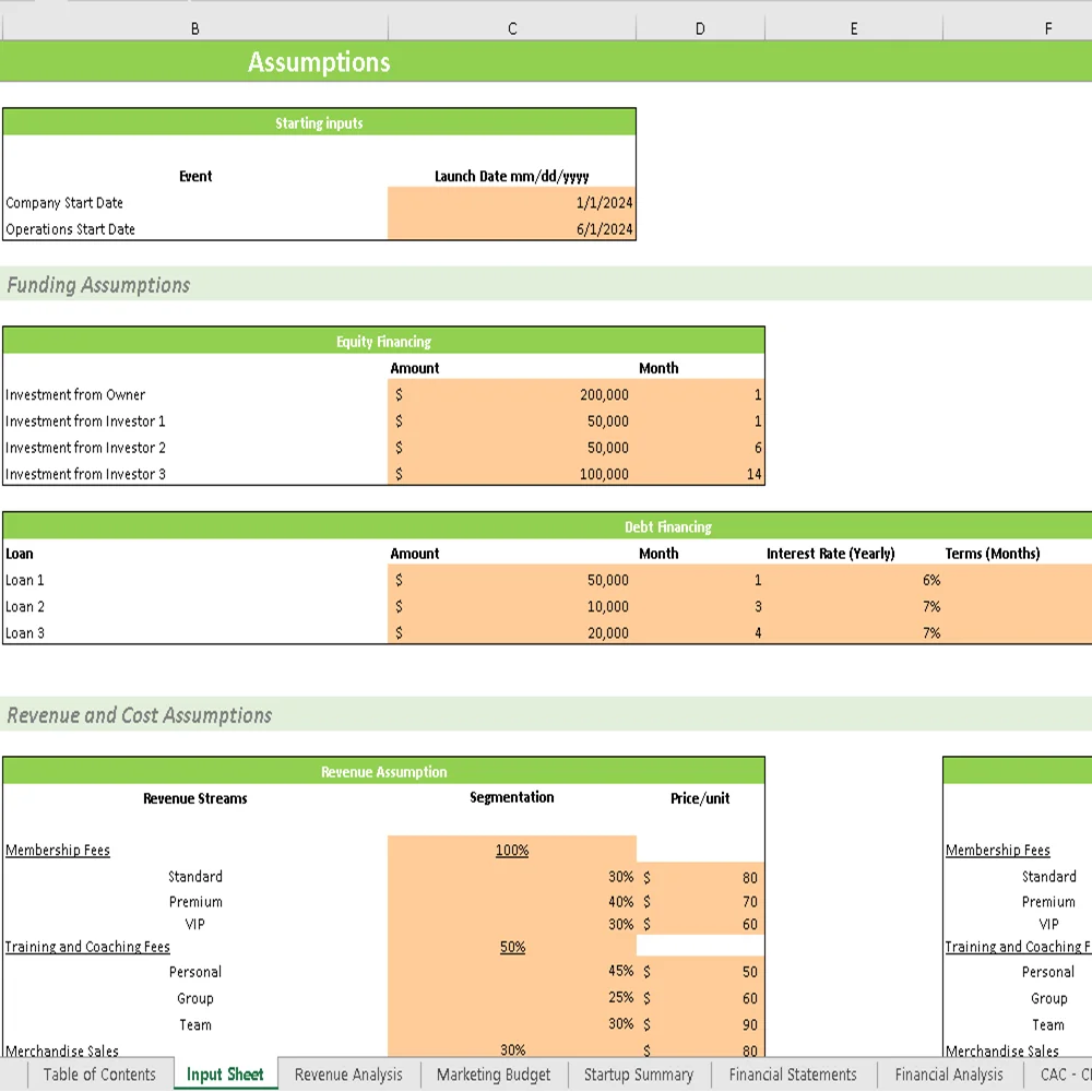 Volley Ball Club Financial Model - Assumptions