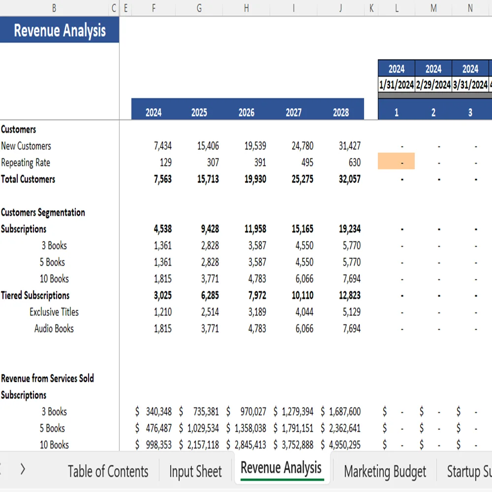 Book Subscription Excel Financial Model - Revenue Analysis