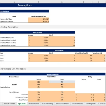 Parcel Courier and Logistic Excel Financial Model - Input Sheet