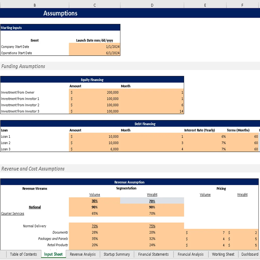 Parcel Courier and Logistic Excel Financial Model - Input Sheet