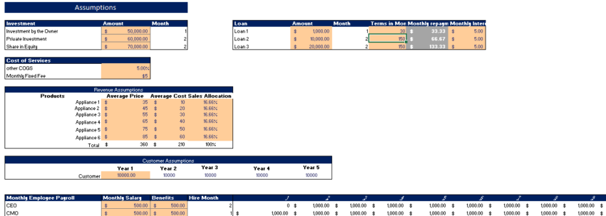 Appliance Store Excel Financial model Input