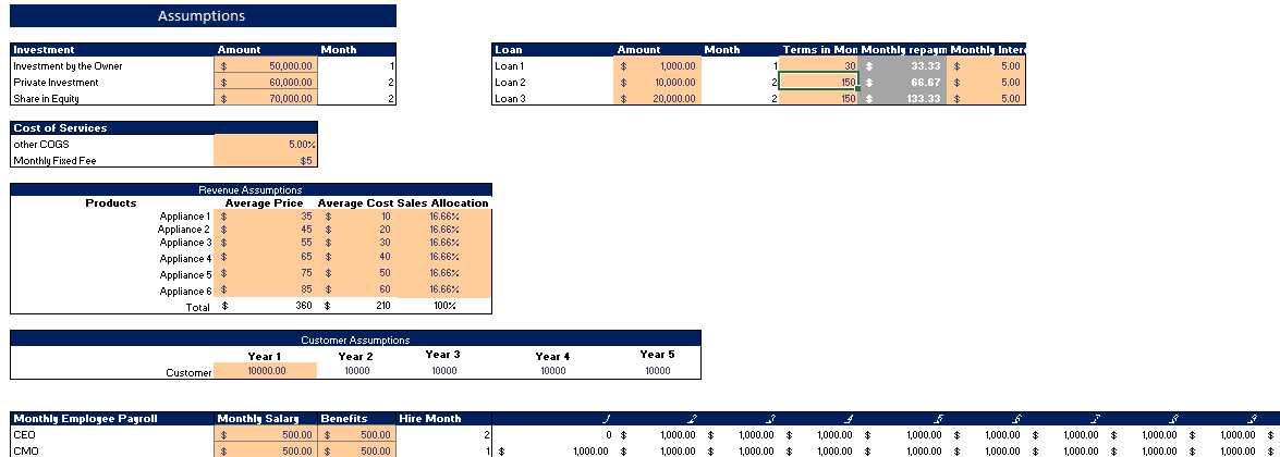 Appliance Store Excel Financial model Input