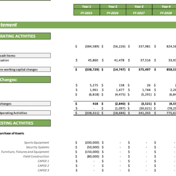 Football Field Excel Financial Model - Cash Flow Statement