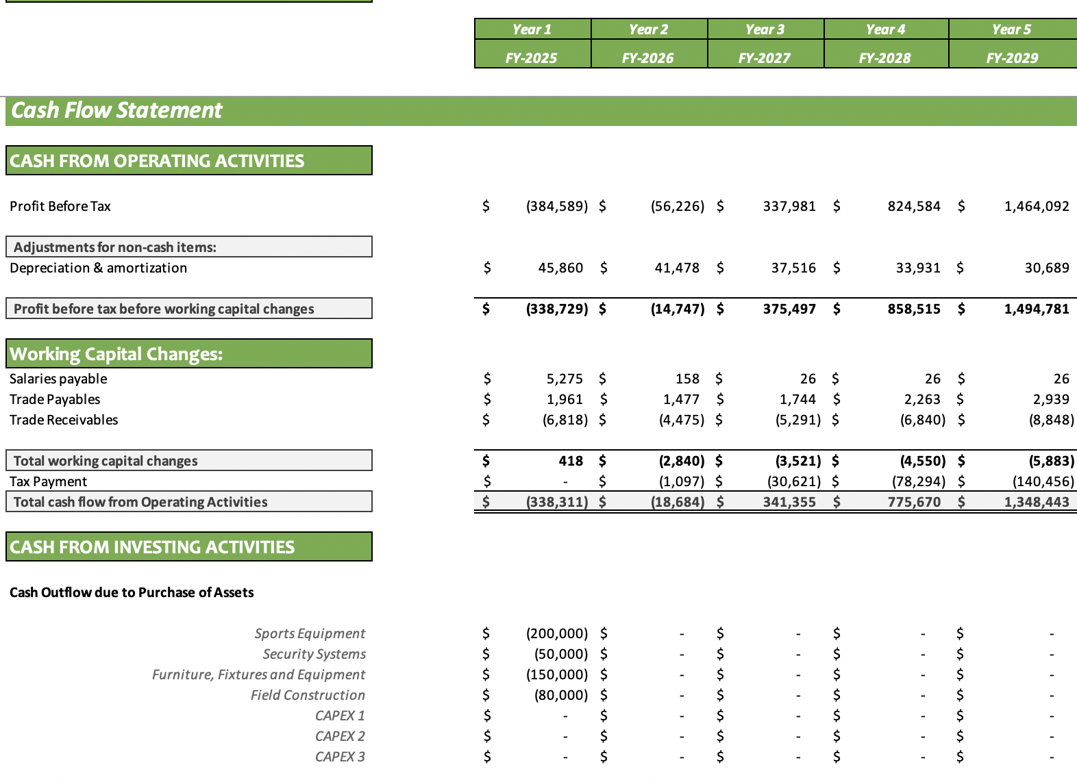 Football Field Excel Financial Model - Cash Flow Statement