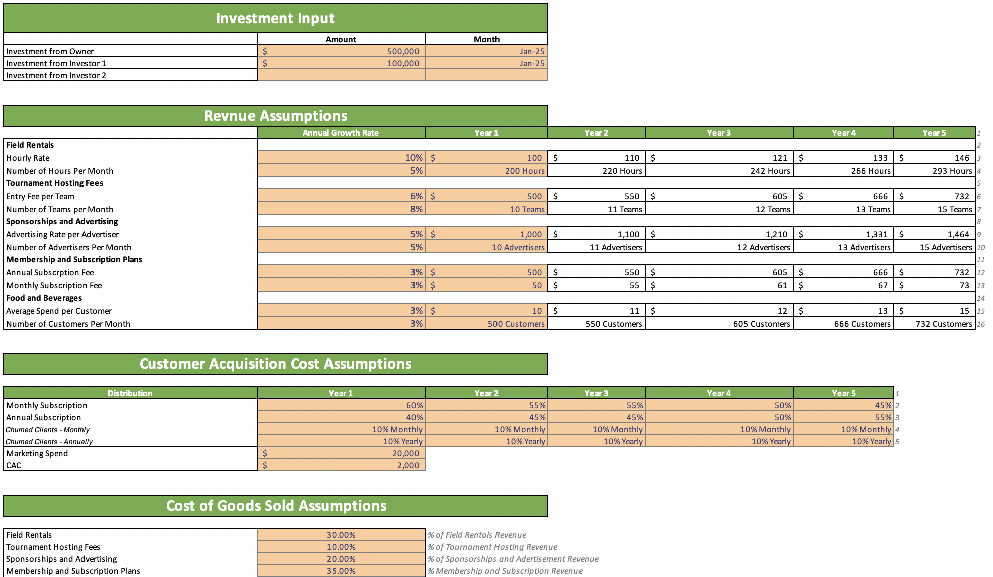 Football Field Excel Financial Model - Input Sheet
