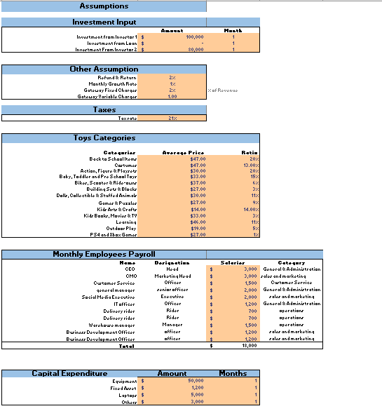 Online Toy Store Excel Financial Model