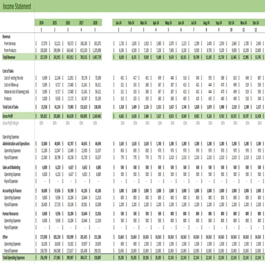 Organic Cleaning Services Financial Model - Income Statement