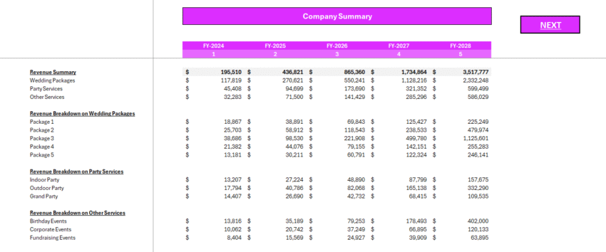 Wedding Agency Financial Model - Company Summary