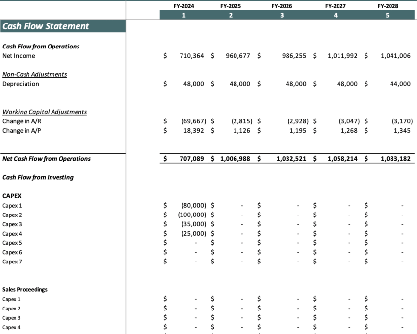 Architecture Excel Financial Model - Cashflow Statement
