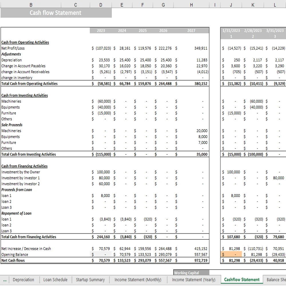 Database Excel Financial Model - Cash Flow Statement