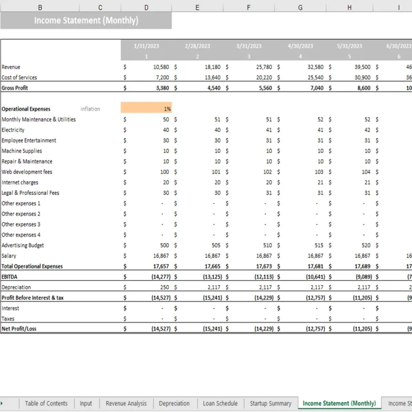 Database Excel Financial Model - Monthly Income Statement