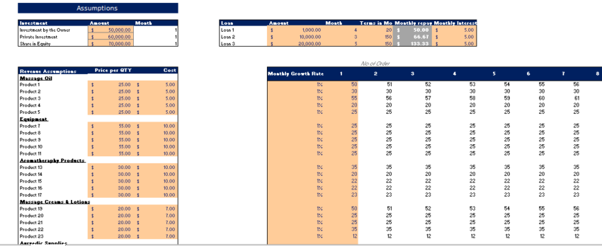 Massage Products Excel Financial model Input Sheet