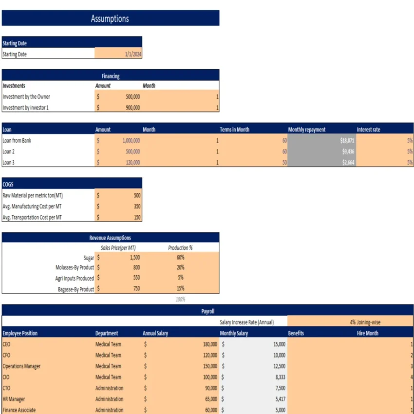Sugar Mill Excel Financial Model - Input Sheet