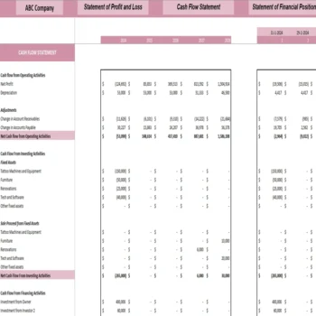 Tattoo Shop Excel Financial Model - Cash Flow Statement