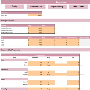 Tattoo Shop Excel Financial Model - Input Sheet
