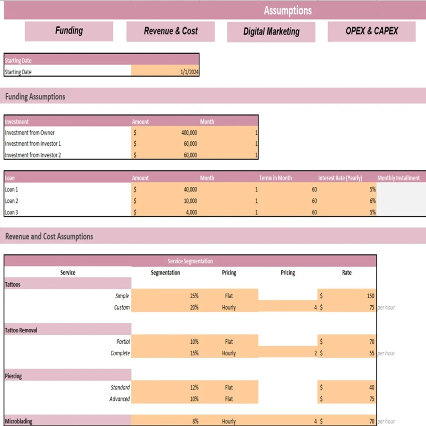 Tattoo Shop Excel Financial Model - Input Sheet