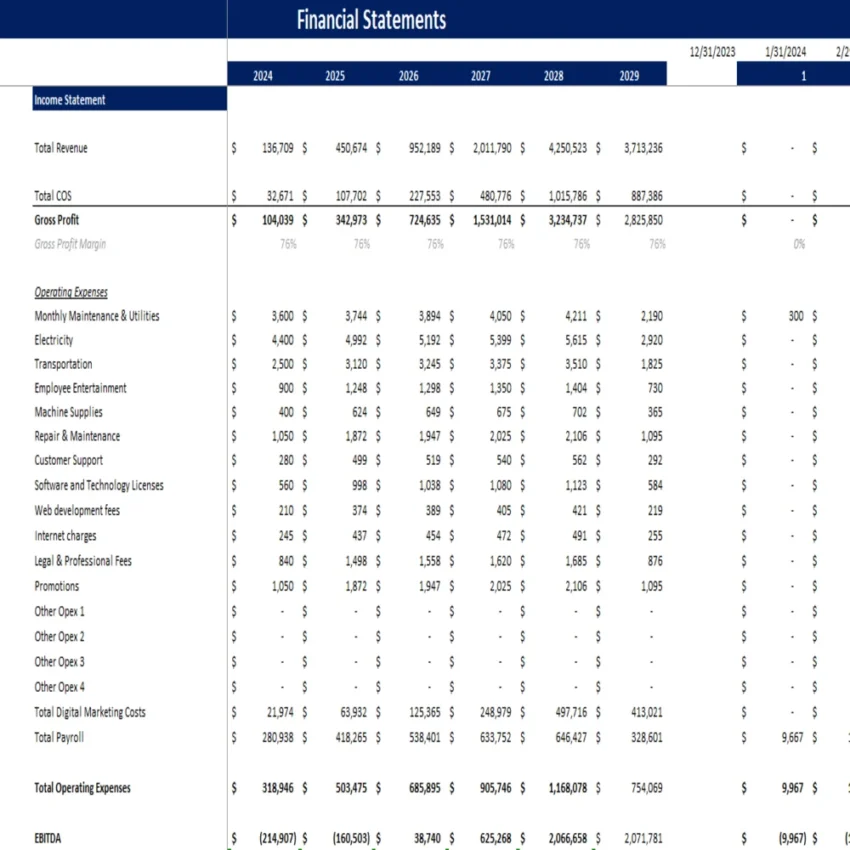 Frozen Food Excel Financial Model - Income Statement